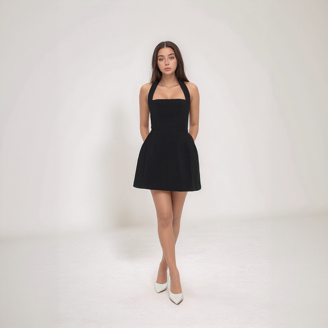 Sandra | Rochie Mini de Vară – Decolteu Halter și Volum Fluid