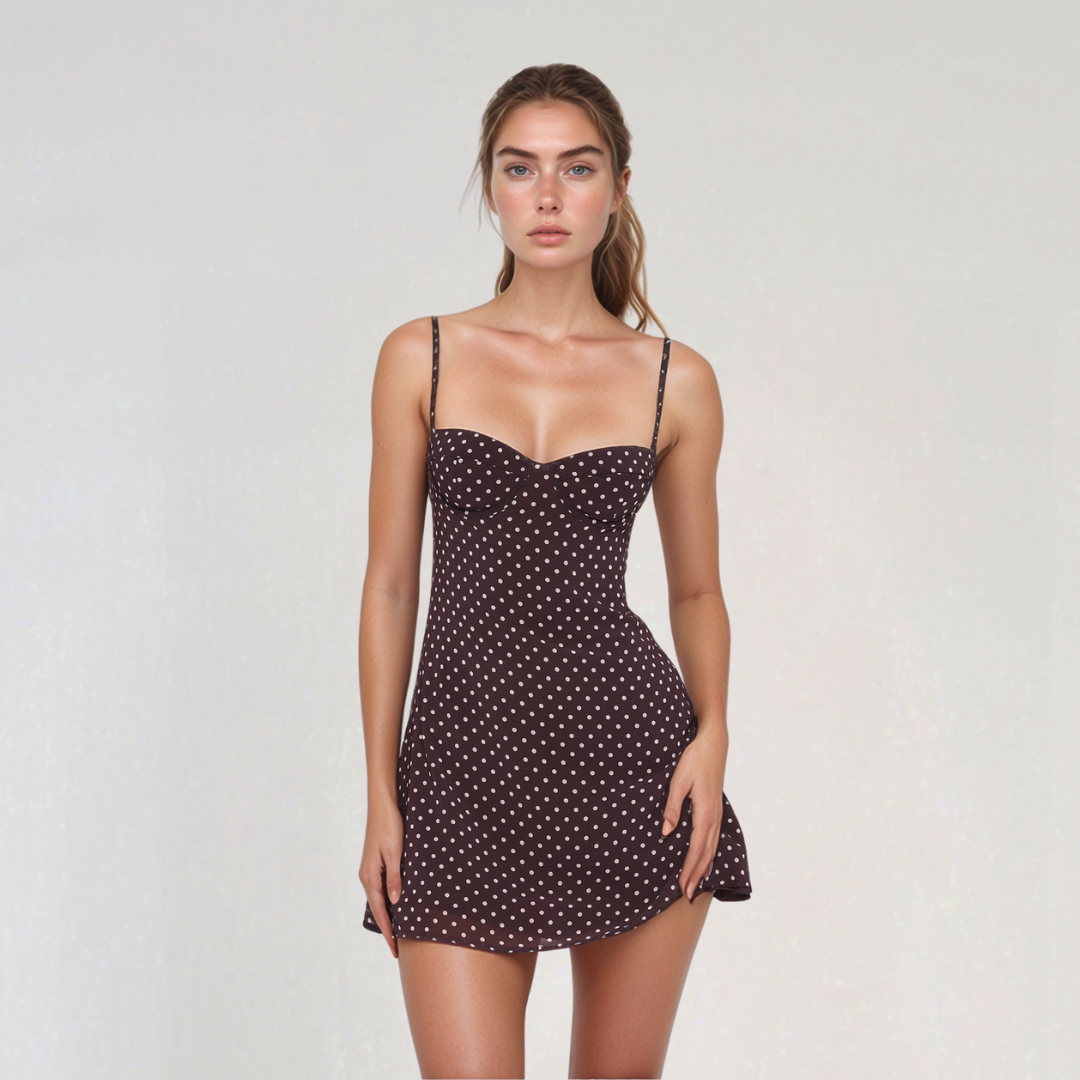 Béatrice | Krátke šaty s bodkami – čokoládový vzor pre vintage chic štýl