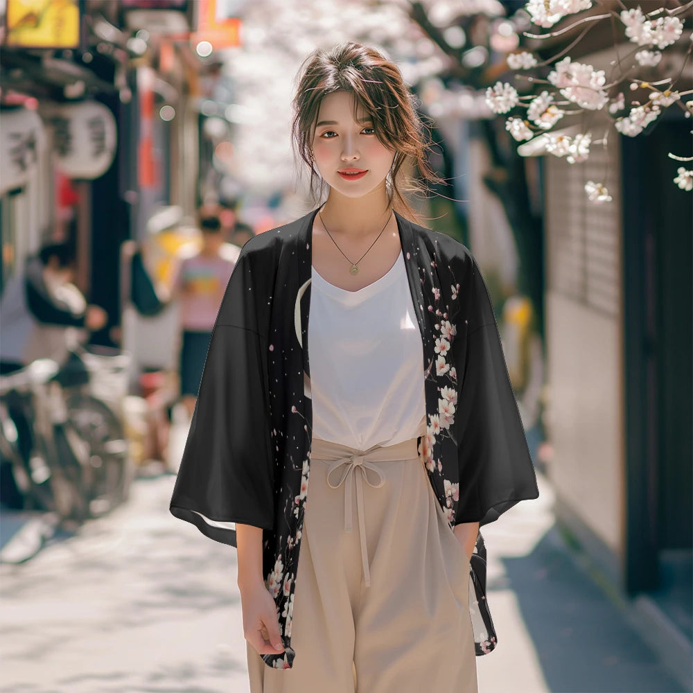Clémence | Veste Kimono Femme Noir Imprimé Fleur de Cerisier