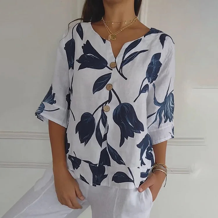 Jeanne | Blouse Florale Élégante – Boutonnage Central Et Manches Courtes