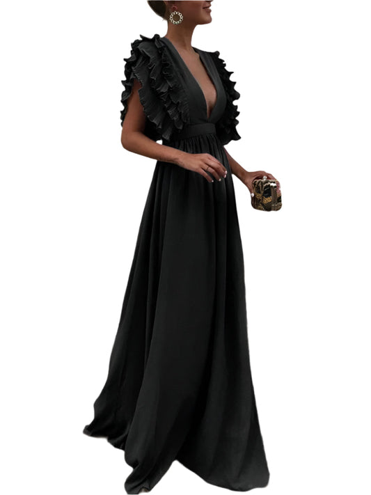 Louise | Elegantes Maxikleid mit Rüschen und tiefem Ausschnitt 