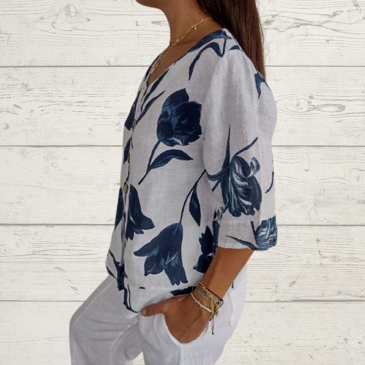 Jeanne | Blouse Florale Élégante – Boutonnage Central Et Manches Courtes