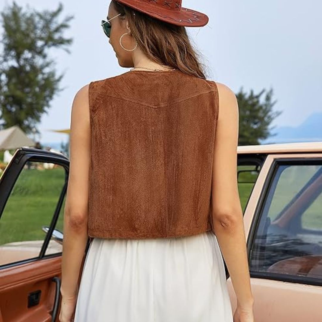 Eva | Krótka Kamizelka Bez Rękawów – Styl Western i Modny 
