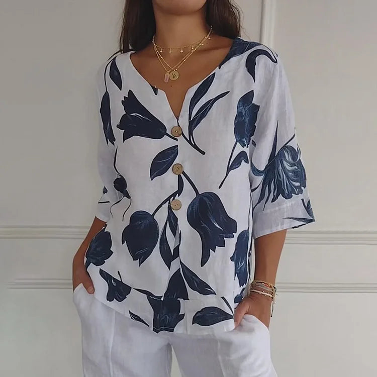 Jeanne | Blouse Florale Élégante – Boutonnage Central Et Manches Courtes