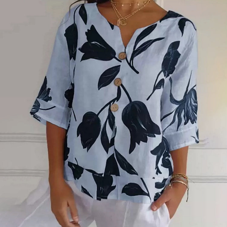 Jeanne | Blouse Florale Élégante – Boutonnage Central Et Manches Courtes
