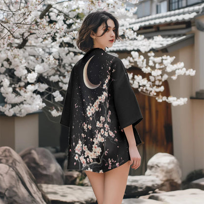Clémence | Veste Kimono Femme Noir Imprimé Fleur de Cerisier
